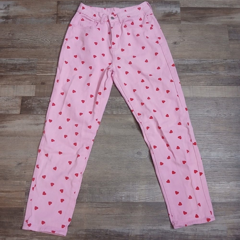 Heart‎ Print Jeans Womens Medium Pink Red High Waisted Straight Leg Pants ♥️